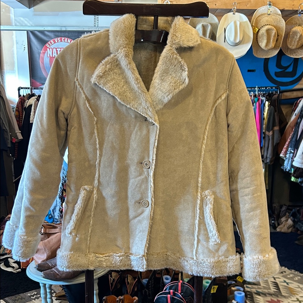 Women's Tan Faux Fur Trim Jacket
